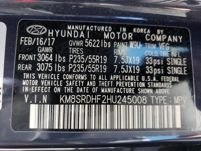 KM8SRDHF2HU245008 - 2017 HYUNDAI SANTA FE SE ULTIMATE BLUE photo 13