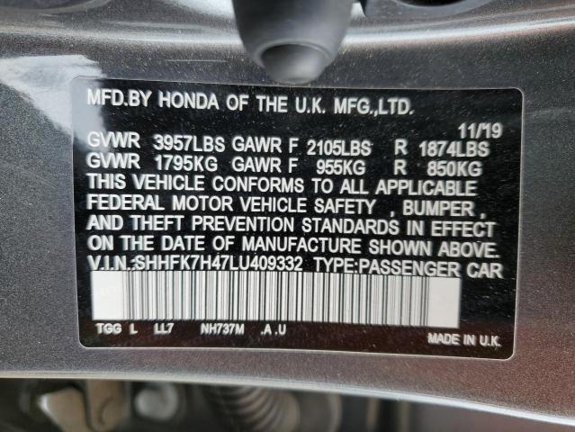 SHHFK7H47LU409332 - 2020 HONDA CIVIC SPORT 灰色 照片 12