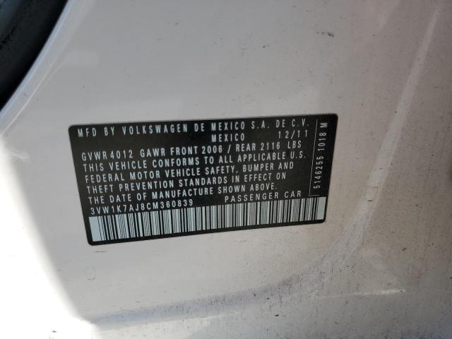 3VW1K7AJ8CM360839 - 2012 VOLKSWAGEN JETTA BASE 白色 照片 13