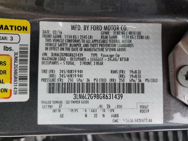 3LN6L2G98GR631439 - 2016 LINCOLN MKZ GRAY photo 12