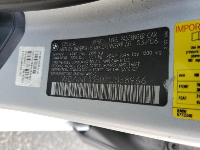 WBANF33507CS38966 - 2007 BMW 5 SERIES XI SILVER photo 12