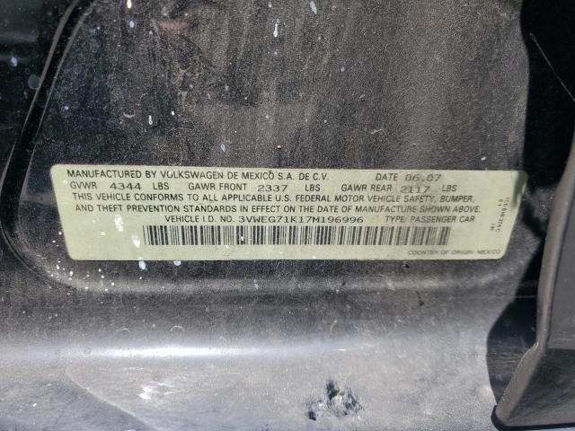 3VWEG71K17M196996 - 2007 VOLKSWAGEN JETTA WOLFSBURG 黑色 照片 12