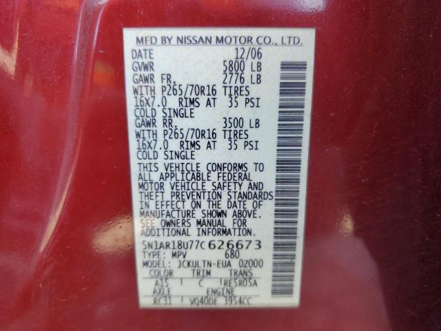 5N1AR18U77C626673 - 2007 NISSAN PATHFINDER LE RED photo 13
