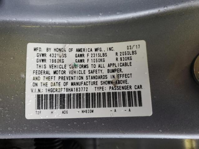 1HGCR2F78HA183772 - 2017 HONDA ACCORD EX SILVER photo 12