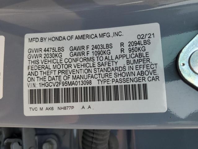 1HGCV2F95MA013098 - 2021 HONDA ACCORD TOURING GRAY photo 12