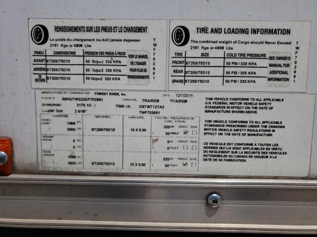 5NHUTW222GF702691 - 2016 FORS TRAILER WHITE photo 10