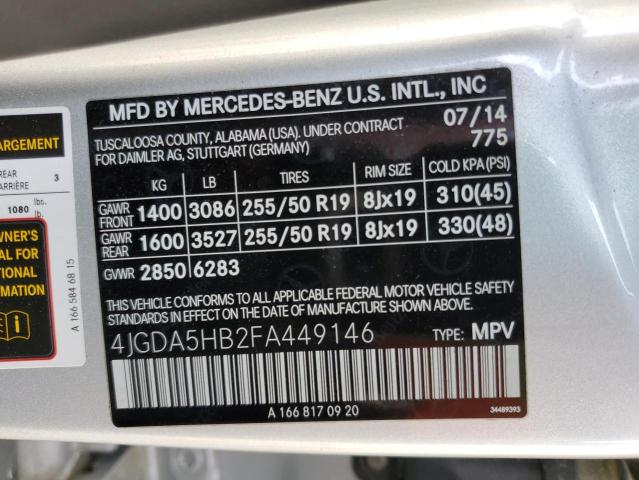 4JGDA5HB2FA449146 - 2015 MERCEDES-BENZ ML 350 4MATIC SILVER photo 13