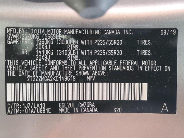 2T2ZZMCA2KC149619 - 2019 LEXUS RX 350 BASE GRAY photo 13