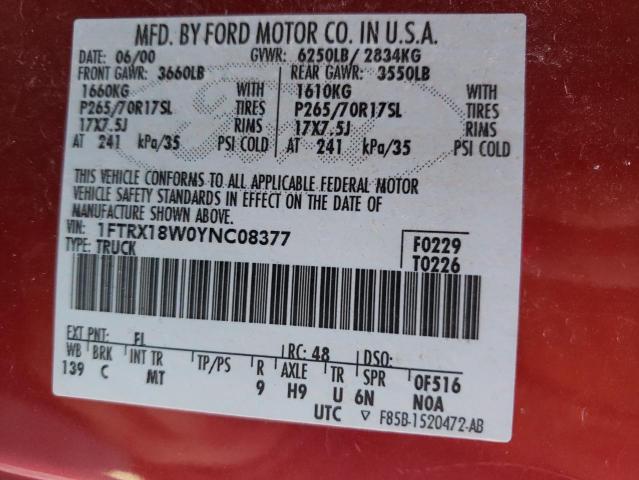 1FTRX18W0YNC08377 - 2000 FORD F150 RED photo 10