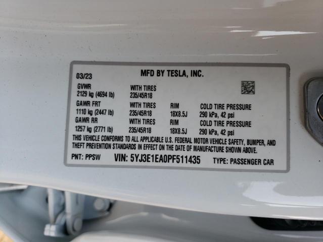 5YJ3E1EA0PF511435 - 2023 TESLA MODEL 3 WHITE photo 12