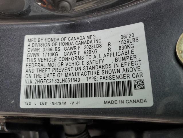 2HGFC2F83LH561840 - 2020 HONDA CIVIC SPORT 灰色 照片 12