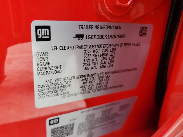 1GCPDBEK1NZ575686 - 2022 CHEVROLET SILVERADO K1500 CUSTOM RED photo 12