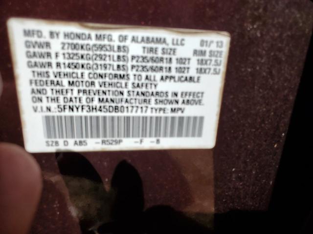 5FNYF3H45DB017717 - 2013 HONDA PILOT EX MAROON photo 13