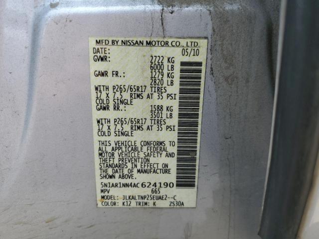 5N1AR1NN4AC624190 - 2010 NISSAN PATHFINDER S SILVER photo 13