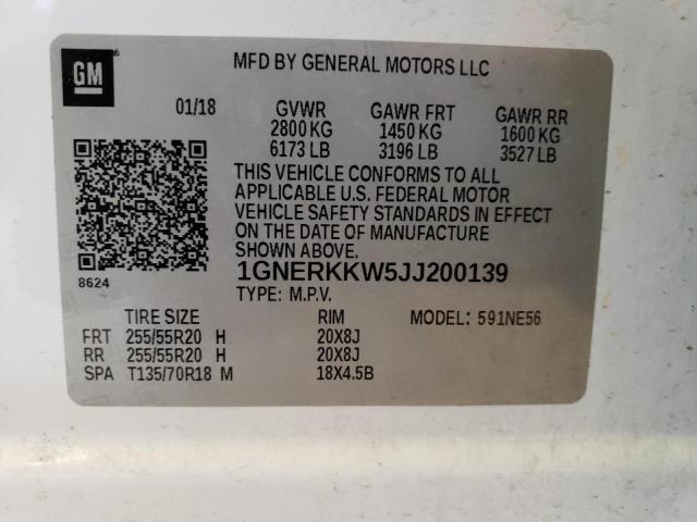 1GNERKKW5JJ200139 - 2018 CHEVROLET TRAVERSE PREMIER WHITE photo 13