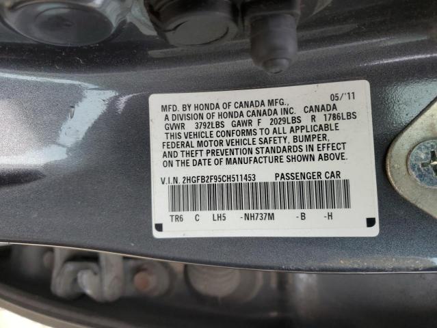 2HGFB2F95CH511453 - 2012 HONDA CIVIC EXL ნაცრისფერი ფოტო 12