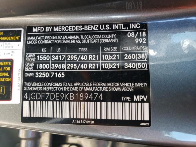 4JGDF7DE9KB189474 - 2019 MERCEDES-BENZ GLS 550 4MATIC GRAY photo 14