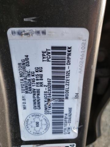 2T1KR32E84C832867 - 2004 TOYOTA COROLLA MA XR GRAY photo 12