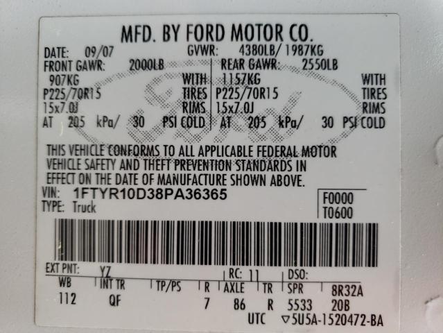 1FTYR10D38PA36365 - 2008 FORD RANGER WHITE photo 12