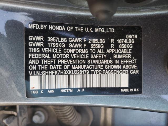 SHHFK7H3XKU228179 - 2019 HONDA CIVIC LX SILVER photo 12