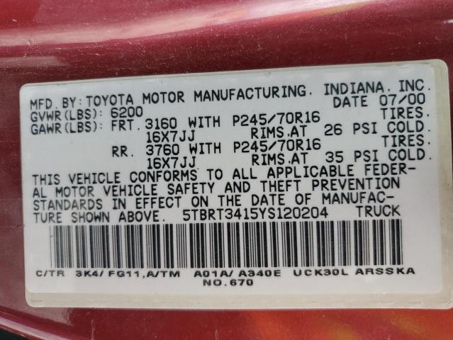 5TBRT3415YS120204 - 2000 TOYOTA TUNDRA ACCESS CAB BURGUNDY photo 12