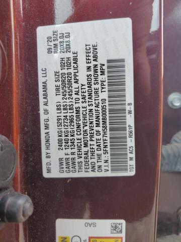 5FNYF7H58MB000510 - 2021 HONDA PASSPORT EXL برغندي صورة 13