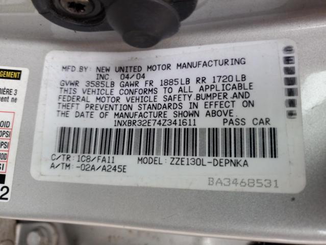 1NXBR32E74Z341611 - 2004 TOYOTA COROLLA CE SILVER photo 12