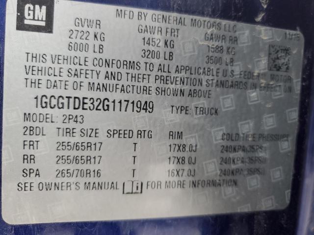 1GCGTDE32G1171949 - 2016 CHEVROLET COLORADO Z71 BLUE photo 13