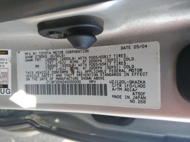 JTJBT20X240050930 - 2004 LEXUS GX 470 GRAY photo 13