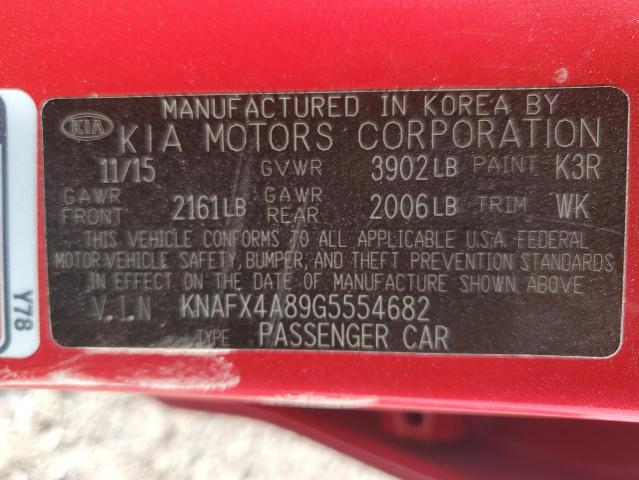 KNAFX4A89G5554682 - 2016 KIA FORTE EX RED photo 12