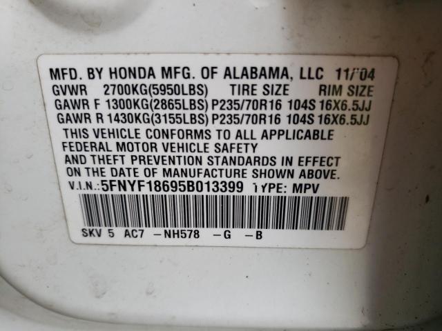 5FNYF18695B013399 - 2005 HONDA PILOT EXL WHITE photo 10