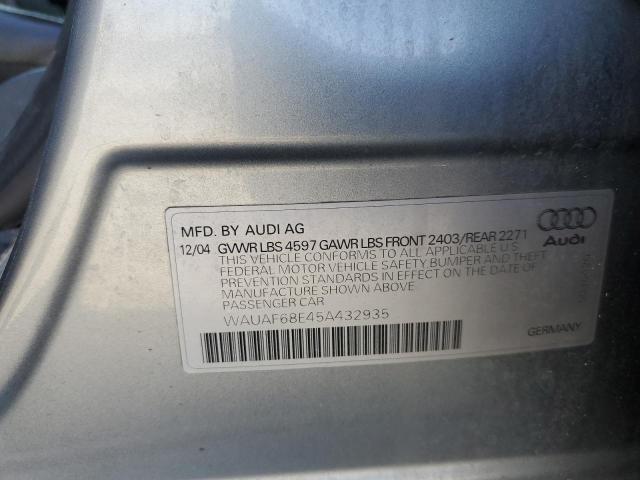 WAUAF68E45A432935 - 2005 AUDI A4 2.0T SILVER photo 12