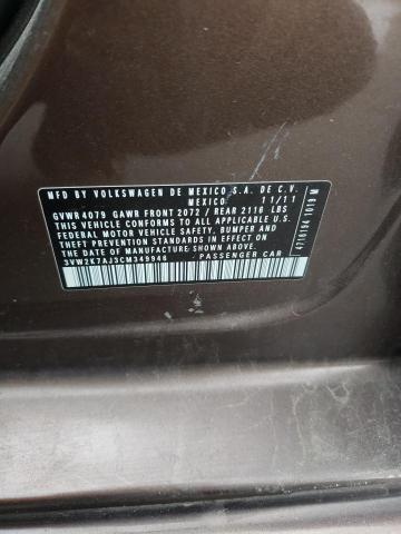 3VW2K7AJ3CM349946 - 2012 VOLKSWAGEN JETTA BASE Marron photo 12