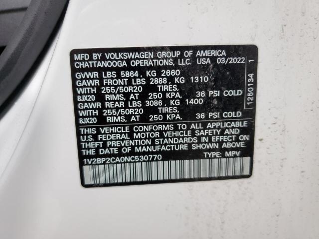 1V2BP2CA0NC530770 - 2022 VOLKSWAGEN ATLAS SEL WHITE photo 13