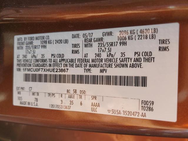 1FMCU0F7XHUE23867 - 2017 FORD ESCAPE S BROWN photo 13