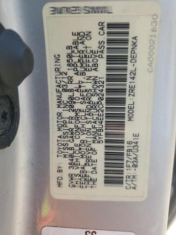 5YFBU4EE2CP024321 - 2012 TOYOTA COROLLA BASE Արծաթագույն լուսանկար 12