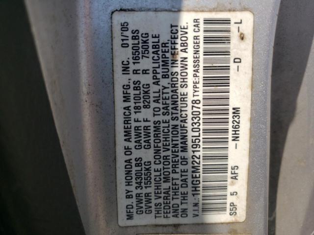 1HGEM22195L033078 - 2005 HONDA CIVIC DX VP فضي صورة 13