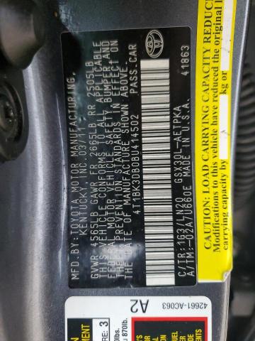 4T1BK3DB0BU414502 - 2011 TOYOTA AVALON BASE GRAY photo 12