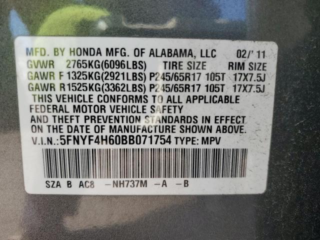 5FNYF4H60BB071754 - 2011 HONDA PILOT EXL GRAY photo 13