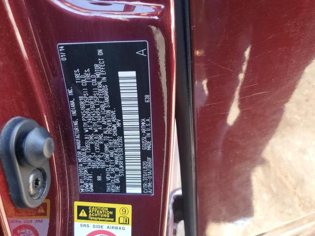 5TDJKRFH7ES012392 - 2014 TOYOTA HIGHLANDER XLE BURGUNDY photo 13