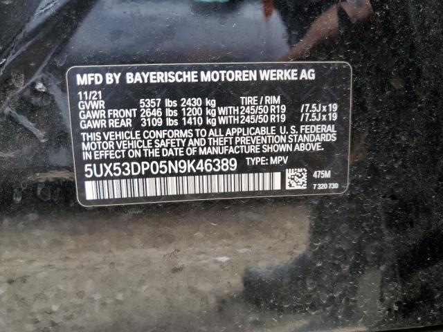 5UX53DP05N9K46389 - 2022 BMW X3 XDRIVE30I BLACK photo 14