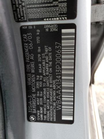 WBAAX13413PJ00637 - 2003 BMW 325 IT SILVER photo 12