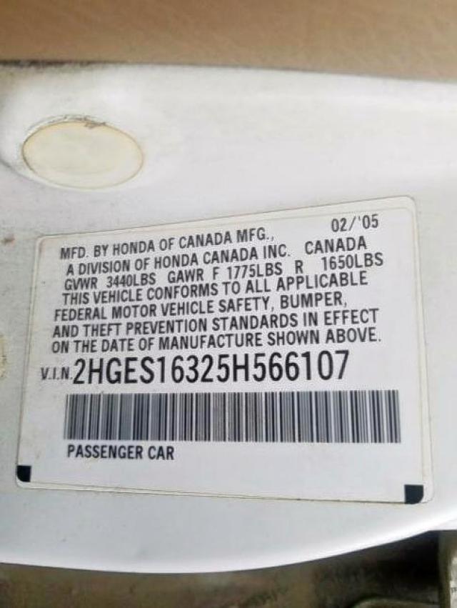 2HGES16325H566107 - 2005 HONDA CIVIC DX VP  photo 10