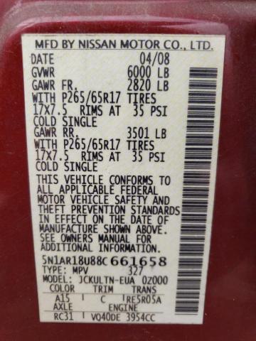 5N1AR18U88C661658 - 2008 NISSAN PATHFINDER S RED photo 12