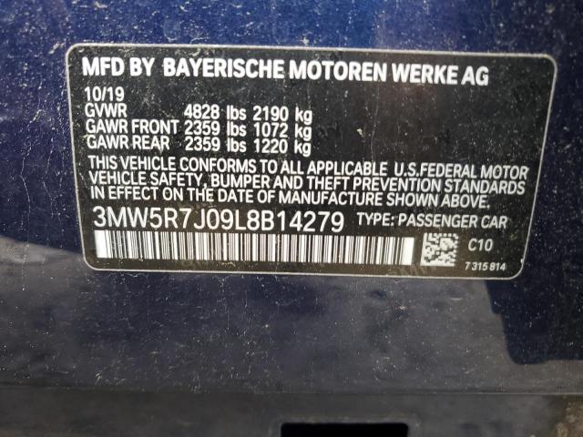 3MW5R7J09L8B14279 - 2020 BMW 330XI BLUE photo 13