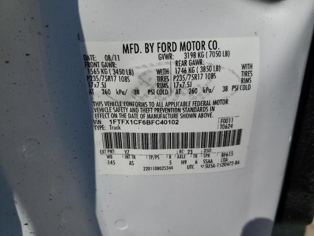 1FTFX1CF6BFC40102 - 2011 FORD F150 SUPER CAB WHITE photo 12