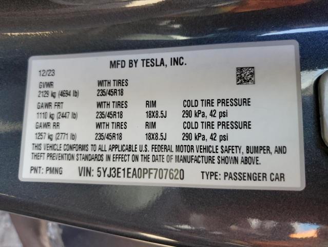 5YJ3E1EA0PF707620 - 2023 TESLA MODEL 3 石墨色 照片 12