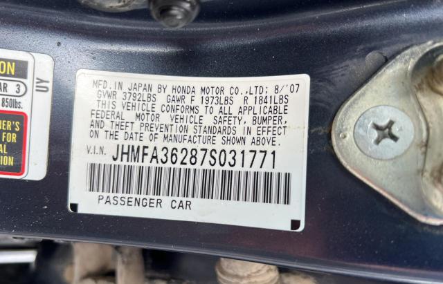 JHMFA36287S031771 - 2007 HONDA CIVIC HYBRID BLUE photo 10