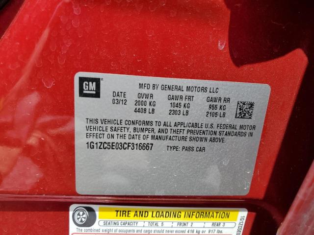 1G1ZC5E03CF316667 - 2012 CHEVROLET MALIBU 1LT 红色 照片 12