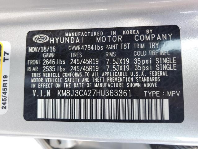 KM8J3CA27HU363361 - 2017 HYUNDAI TUCSON LIMITED SILVER photo 12